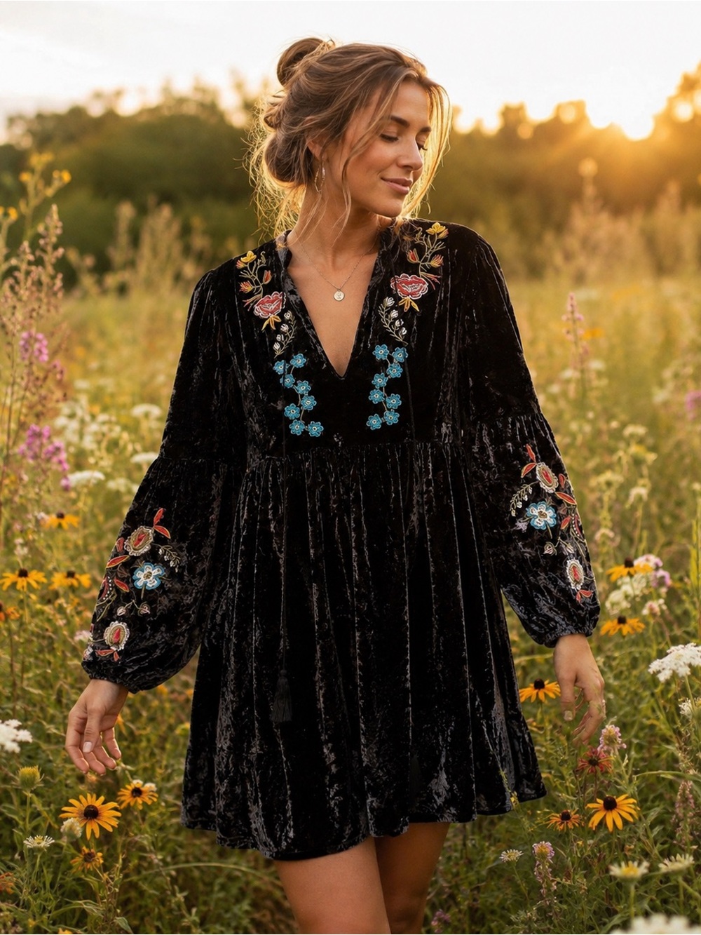 Embroidered Black Velvet Midi Dress with V-Neck